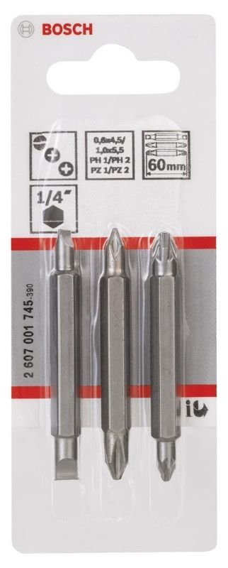 Bosch Vidalama Ucu Çift Taraflı Extra Hard Set PH12/PZ12/S-Sx60 mm (3 Parça) 