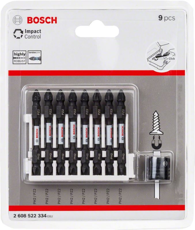 Bosch Vidalama Ucu Çift Taraflı Impact Control PH2-PZ2x65 mm (9 Parça) (Mıknatıslı Tutucu) 