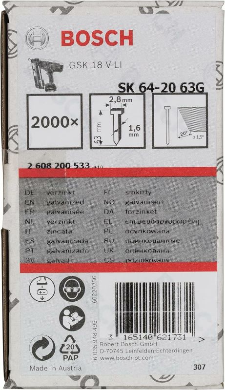 Gsk 18 V-Li İçin Galvaniz Başsız Çivi 63 Mm 2000 