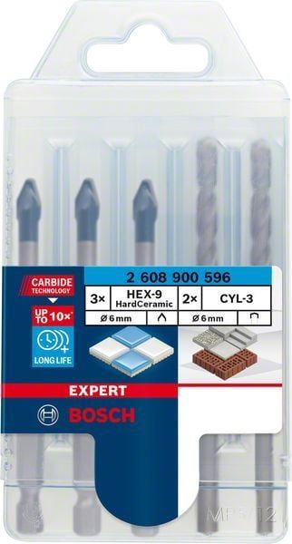Bosch Seramik Matkap Ucu Expert HEX-9 HardCeramic Set 6 mm (5 Adet) (3xHEX9 / 2xCYL3) 