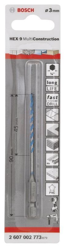 - Bosch Çok Amaçlı Matkap Ucu HEX-9 MultiConstruction Altıgen Şaft 3,0x90 mm 