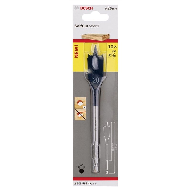 - Bosch SelfCut Speed Yaprak Ahşap Matkap Ucu 1/4 İnç Altıgen Şaft 22x152 mm 