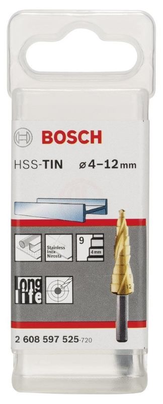 Bosch Spiral Kanallı HSS-TiN 9 Kademeli Matkap Ucu Üç Yüzeyli Şaft Ø4-12 mm 
